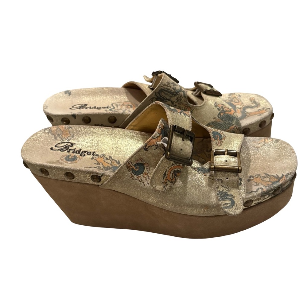 Rare Vtg Bridget Platform Wedge Leather Sandals Dragon Tattoo Print, Sz 9 - Picture 4 of 16